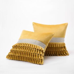 Poszewka dekoracyjna welur z falbanką 45x45 musztardowy