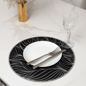 Podkładka na stół LIŚCIE 38 cm | czarny/srebro