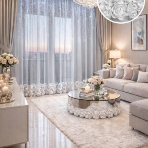 Firana szyfonowa z kolekcji ROSES | NOWOŚĆ | 400x250 cm taśma | zdobiona aplikacją 3D w róże