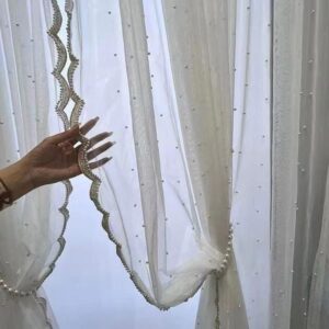 Firana dekoracyjna Perły Złote 140x270 taśma Styl Glamour Upinacz GRATIS