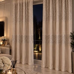 Zasłony welurowe GLAMOUR Srebrne 140x270 cm na taśmie Beżowe Zasłona gotowe CEKINY