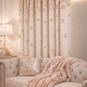 Zasłona WELUROWA FRENCH ROSES 140x270 cm KREM z wyszywanymi różami wyjątkowy model RÓŻE 3D taśma