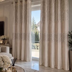 Zasłony welurowe GLAMOUR Srebrne 140x250 cm na przelotka Beżowe Zasłona gotowa CEKINY
