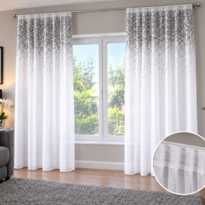Firana dekoracyjna model Dubaj 140x270 taśma szyfon Styl Glamour Cekiny Srebrne