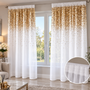 Firana dekoracyjna model Dubaj 140x270 taśma szyfon Styl Glamour Cekiny Złote
