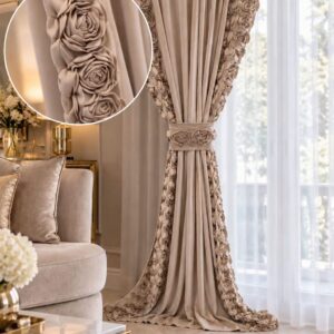 Zasłony welurowe FOREVER ROSE 140X250 róże 3D Beżowy Zasłona welur taśma Troczek Gratis