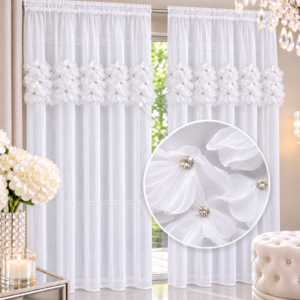Firana dekoracyjna PŁATKI CRYSTAL 140x250 cm | Taśma Firany gotowe efekt 3D Szyfon